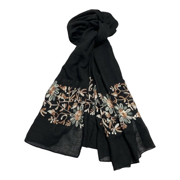 Black Embroidered Floral Scarf Wrap – 70 x 34 in – Modern - Picture 1 of 1